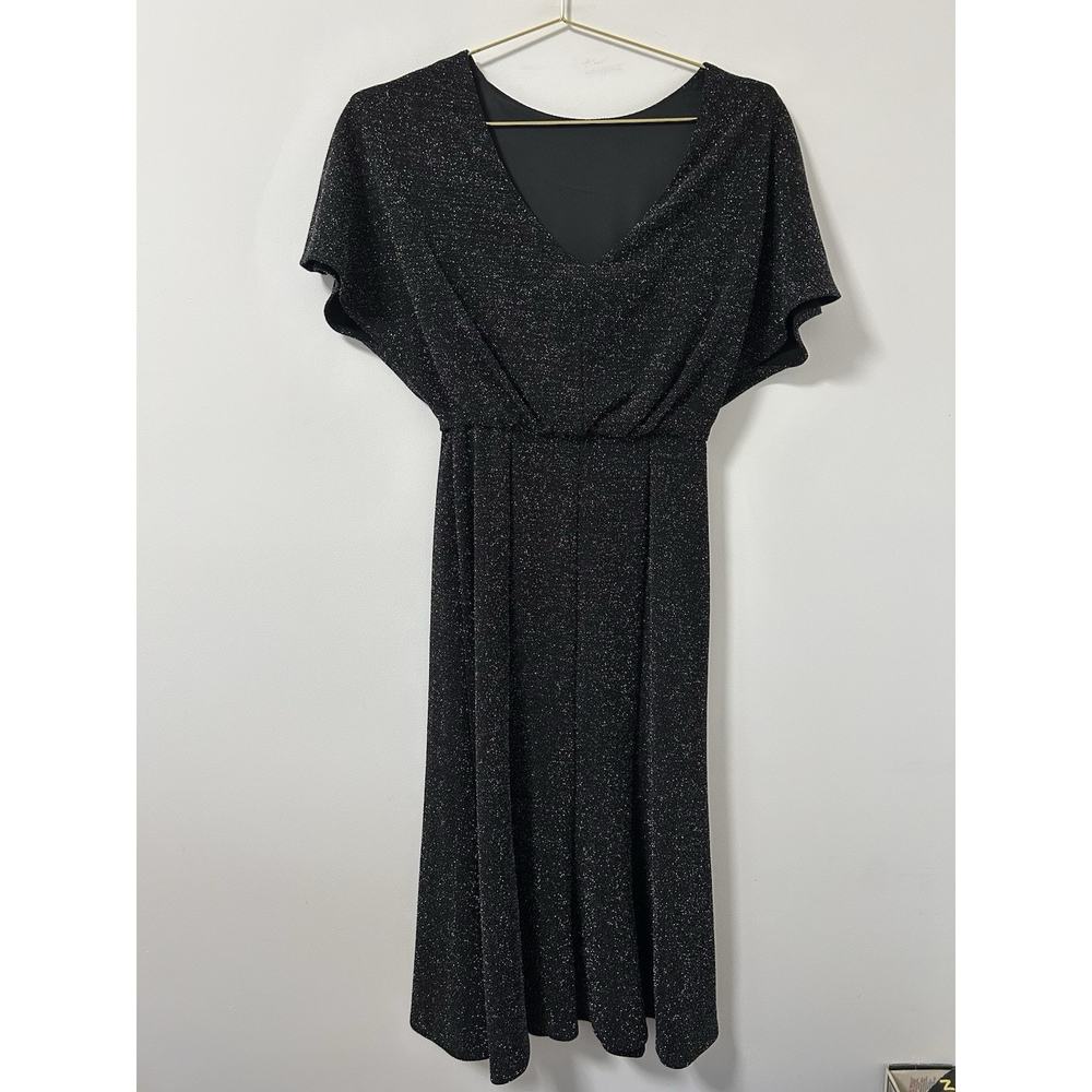 Donna Morgan Midi Dress Metallic Sparkle Slit Cap Sleeve Witchy‎ Goth 2 Stretch